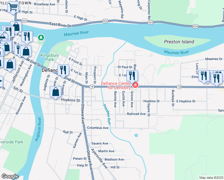 map of restaurants, bars, coffee shops, grocery stores, and more near 836 East 2nd Street in Defiance