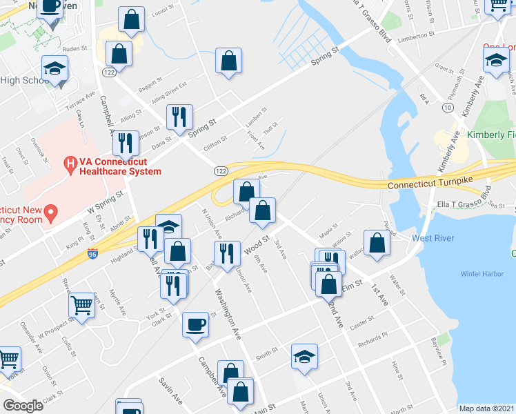 map of restaurants, bars, coffee shops, grocery stores, and more near 636 1st Avenue in West Haven