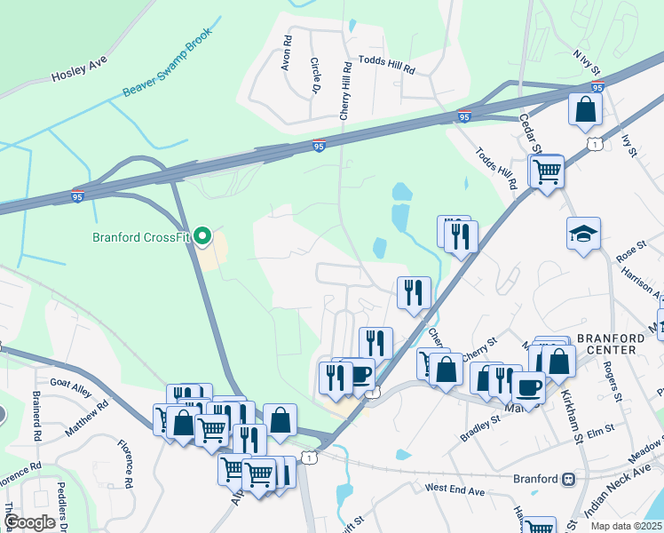 map of restaurants, bars, coffee shops, grocery stores, and more near 88 Cherry Hill Road in Branford