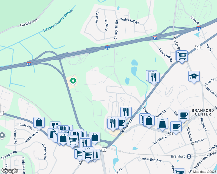 map of restaurants, bars, coffee shops, grocery stores, and more near 90 Cherry Hill Road in Branford