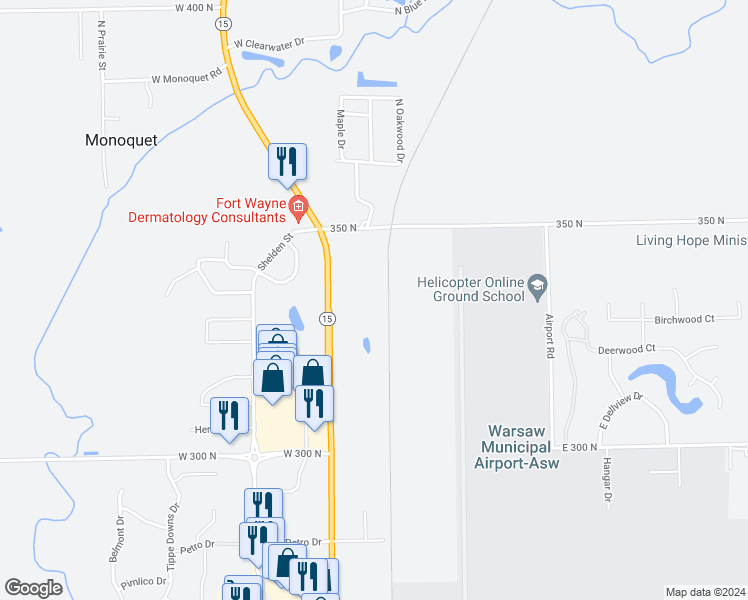 map of restaurants, bars, coffee shops, grocery stores, and more near 3454 North Detroit Street in Warsaw