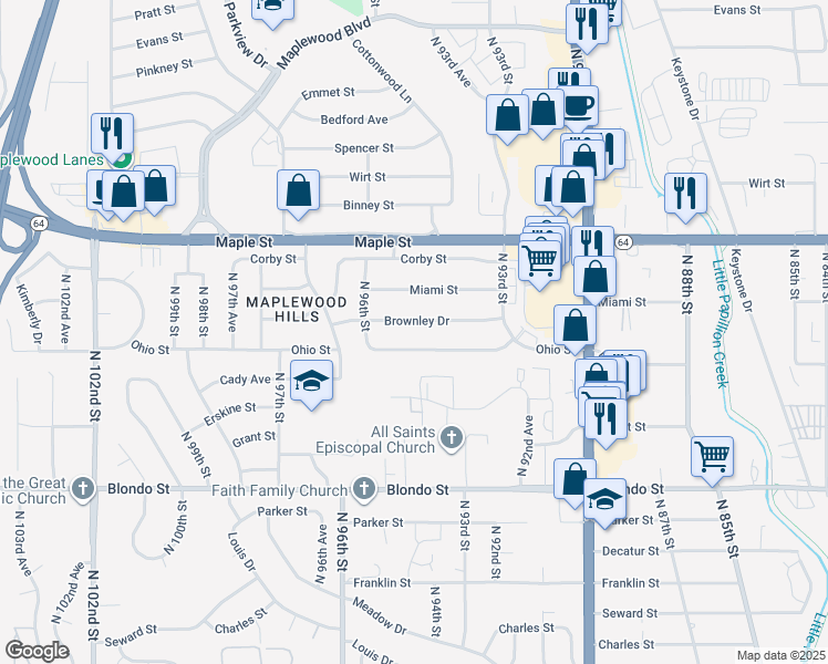 map of restaurants, bars, coffee shops, grocery stores, and more near 9430 Brownley Drive in Omaha