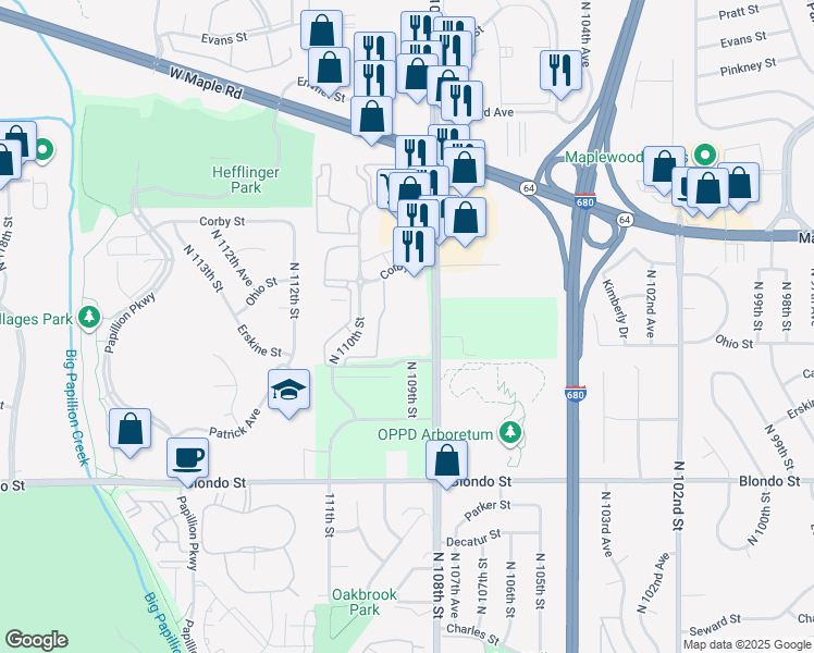 map of restaurants, bars, coffee shops, grocery stores, and more near 2618 North 109th Court in Omaha