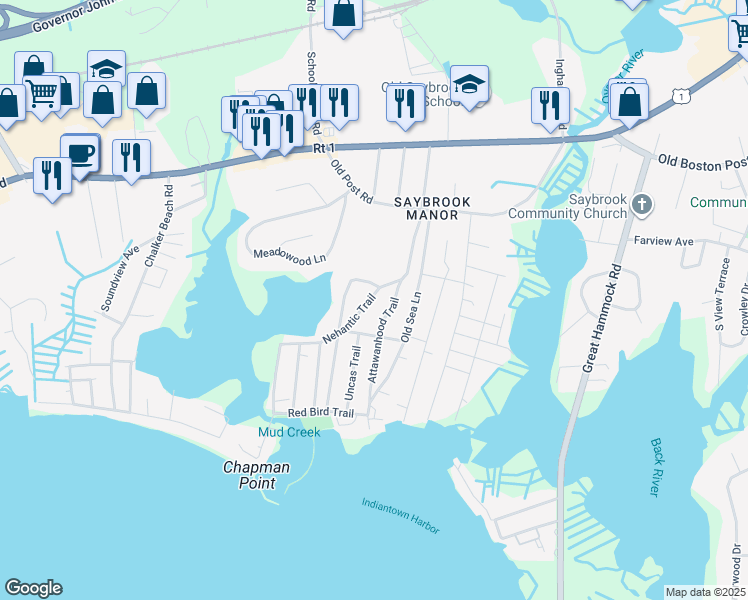 map of restaurants, bars, coffee shops, grocery stores, and more near 2 Owaneco Trail in Old Saybrook