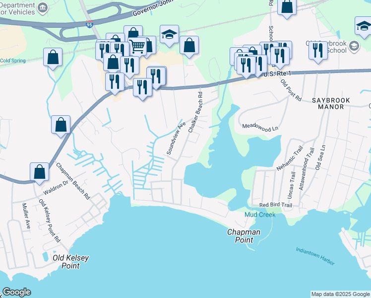 map of restaurants, bars, coffee shops, grocery stores, and more near 3 Gagnon Avenue in Old Saybrook
