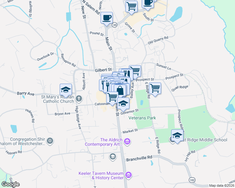 map of restaurants, bars, coffee shops, grocery stores, and more near 458 Main Street in Ridgefield