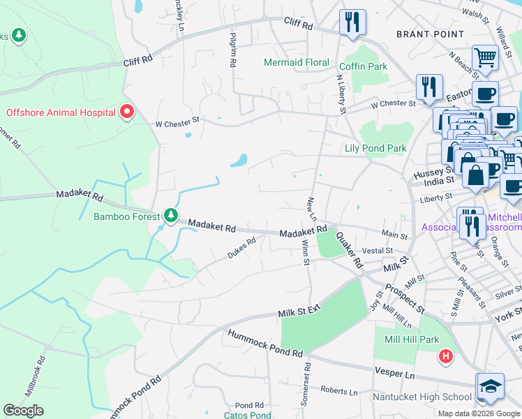 map of restaurants, bars, coffee shops, grocery stores, and more near 18 Meadow Lane in Nantucket