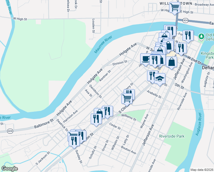 map of restaurants, bars, coffee shops, grocery stores, and more near 801 Kentner Street in Defiance