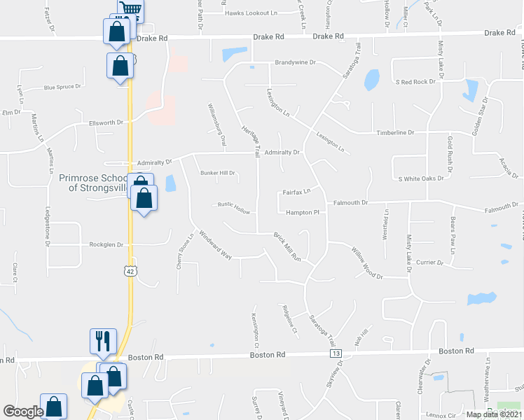 map of restaurants, bars, coffee shops, grocery stores, and more near 18797 Heritage Trail in Strongsville