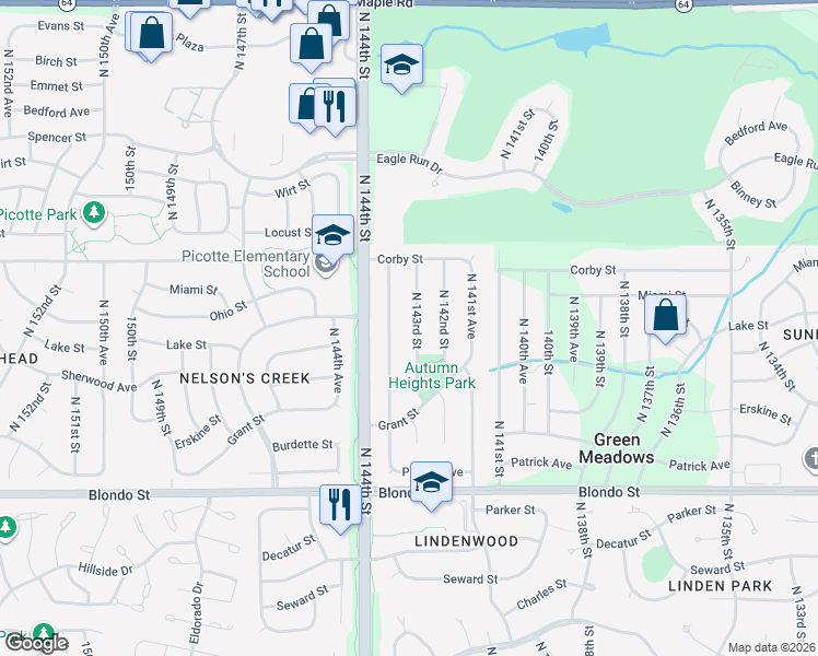 map of restaurants, bars, coffee shops, grocery stores, and more near 2523 North 143rd Street in Omaha