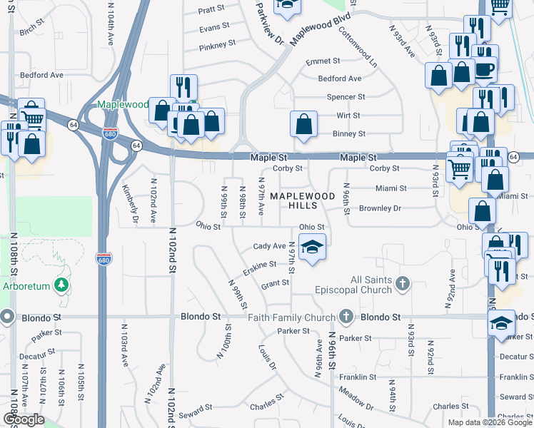 map of restaurants, bars, coffee shops, grocery stores, and more near 2629 North 97th Avenue in Omaha