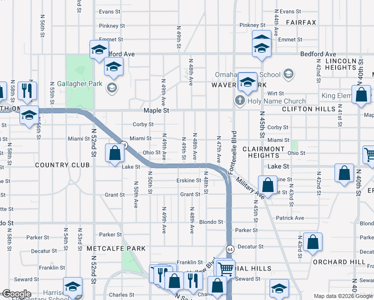 map of restaurants, bars, coffee shops, grocery stores, and more near 2552 North 48th Avenue in Omaha