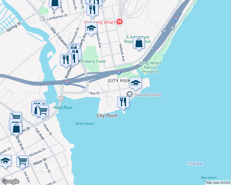 map of restaurants, bars, coffee shops, grocery stores, and more near in New Haven