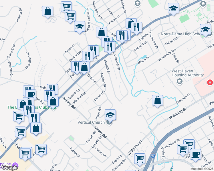 map of restaurants, bars, coffee shops, grocery stores, and more near 29 Malden Street in West Haven