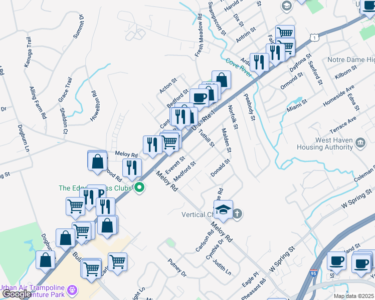 map of restaurants, bars, coffee shops, grocery stores, and more near 1012 Boston Post Road in West Haven