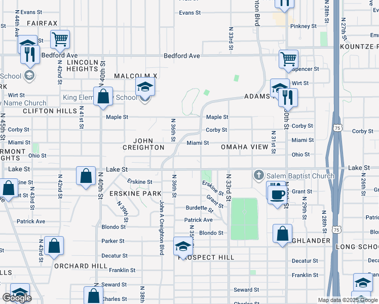 map of restaurants, bars, coffee shops, grocery stores, and more near 3471 Miami Street in Omaha