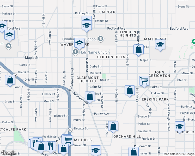 map of restaurants, bars, coffee shops, grocery stores, and more near 4319 Miami Street in Omaha
