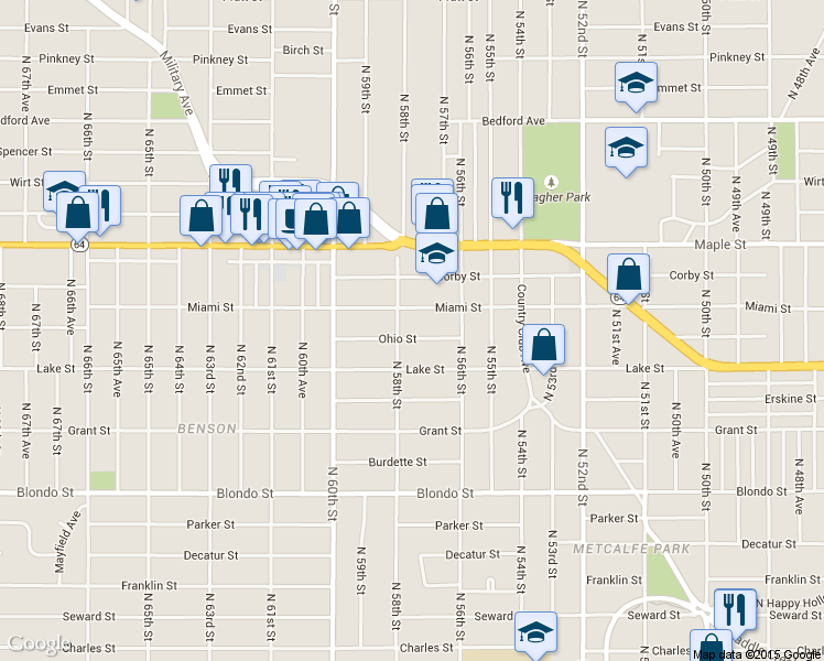 map of restaurants, bars, coffee shops, grocery stores, and more near 5639 Miami Street in Omaha