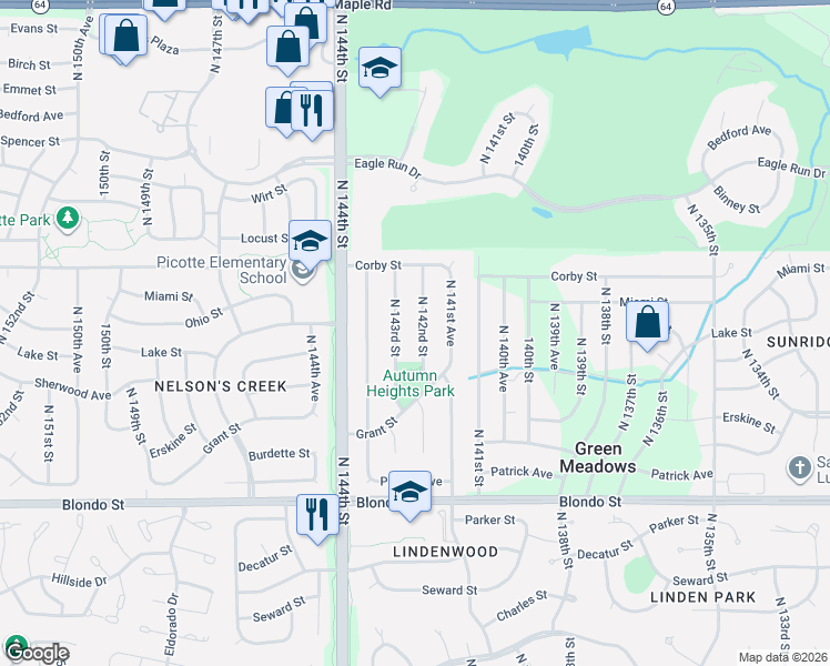 map of restaurants, bars, coffee shops, grocery stores, and more near 2523 North 143rd Street in Omaha