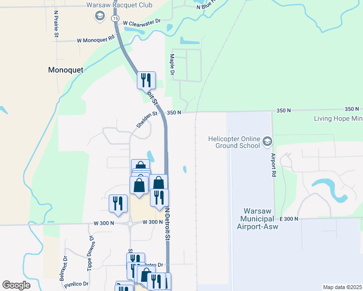 map of restaurants, bars, coffee shops, grocery stores, and more near 3454 North Detroit Street in Warsaw