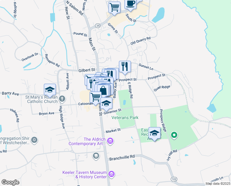 map of restaurants, bars, coffee shops, grocery stores, and more near 37 Bailey Avenue in Ridgefield
