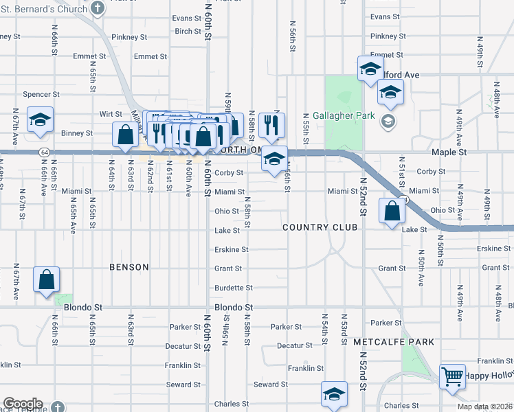 map of restaurants, bars, coffee shops, grocery stores, and more near 5639 Miami Street in Omaha