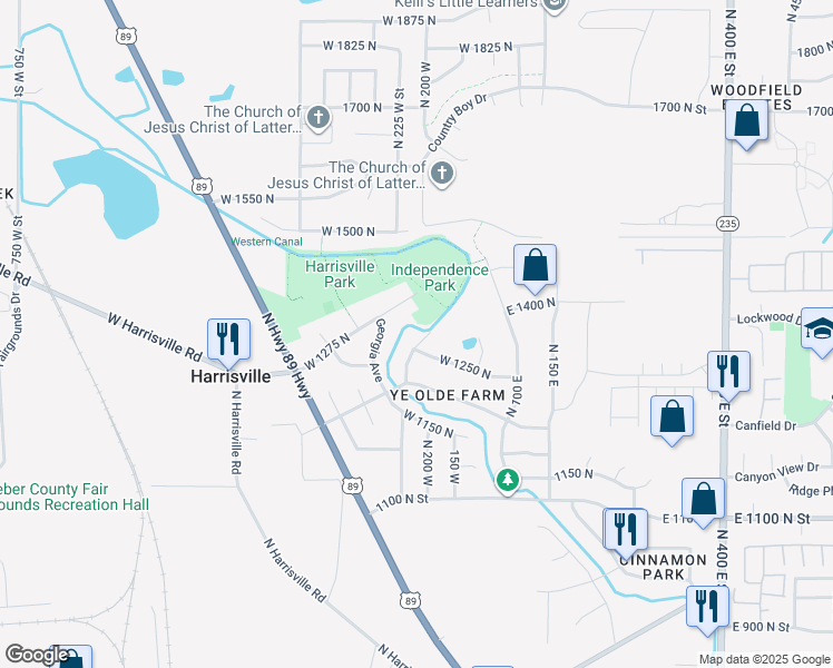 map of restaurants, bars, coffee shops, grocery stores, and more near 1307 North 225 West in Ogden