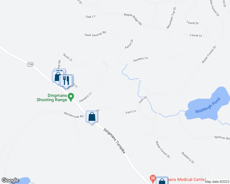 map of restaurants, bars, coffee shops, grocery stores, and more near 241 Hunters Lane in Dingmans Ferry