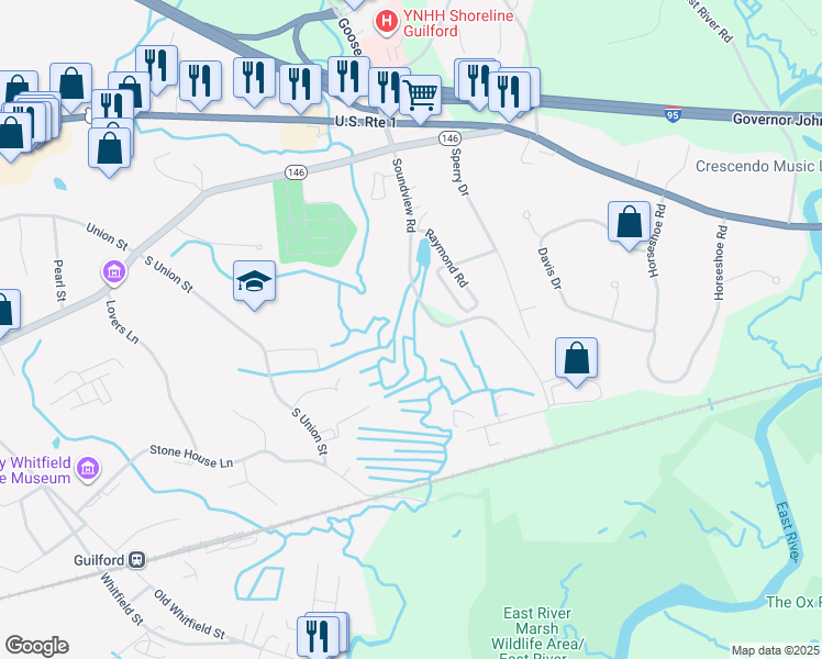 map of restaurants, bars, coffee shops, grocery stores, and more near 179 Soundview Road in Guilford