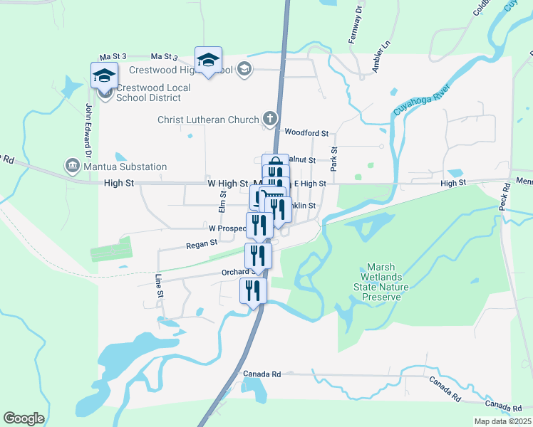 map of restaurants, bars, coffee shops, grocery stores, and more near 10691 Main Street in Mantua