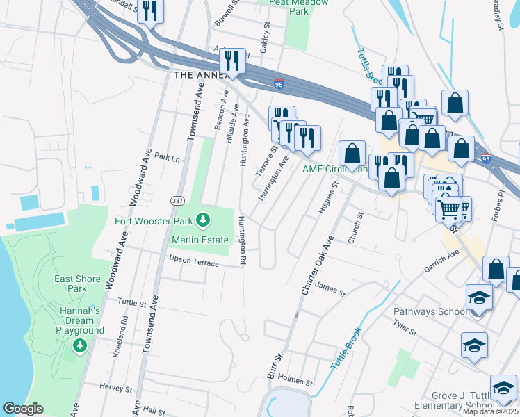 map of restaurants, bars, coffee shops, grocery stores, and more near 38 Harrington Avenue in New Haven