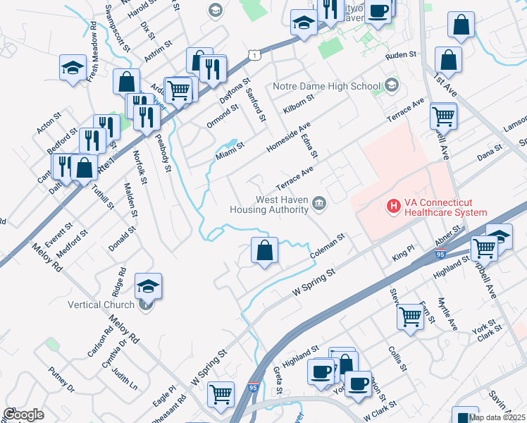 map of restaurants, bars, coffee shops, grocery stores, and more near 321 Terrace Avenue in West Haven