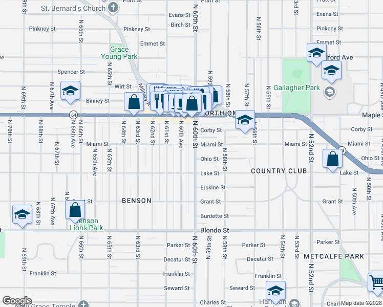 map of restaurants, bars, coffee shops, grocery stores, and more near 2623 North 60th Street in Omaha