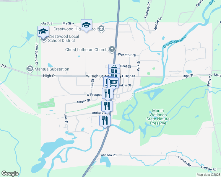 map of restaurants, bars, coffee shops, grocery stores, and more near 10691 Main Street in Mantua