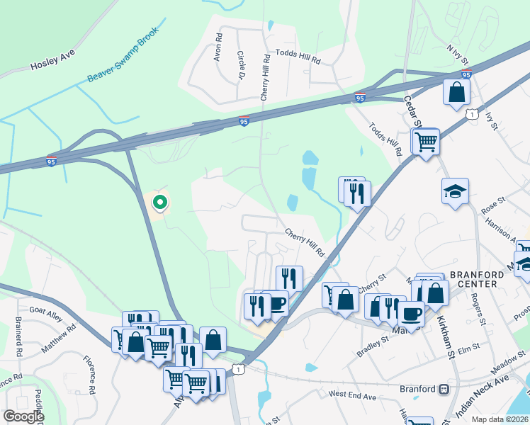 map of restaurants, bars, coffee shops, grocery stores, and more near 88 Cherry Hill Road in Branford