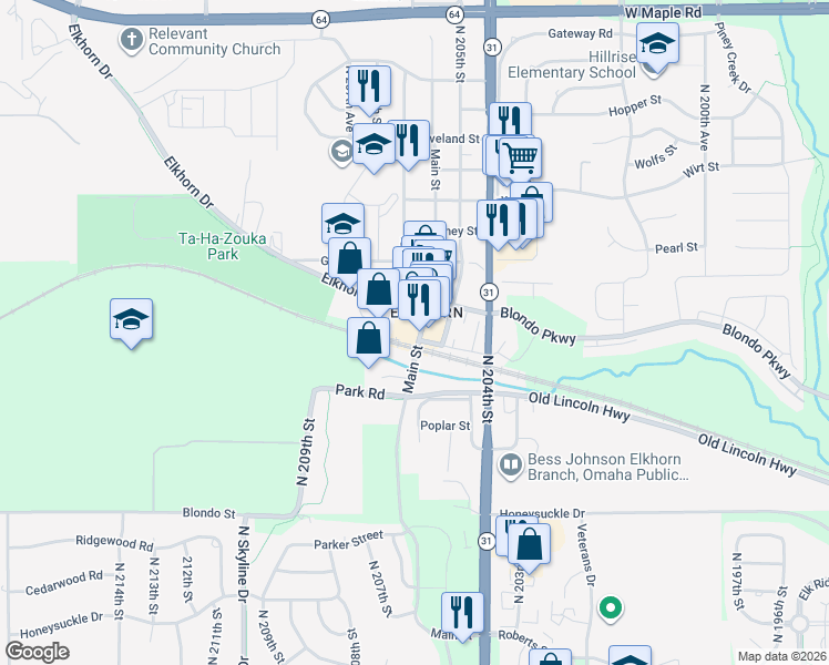 map of restaurants, bars, coffee shops, grocery stores, and more near 2606 North Main Street in Elkhorn