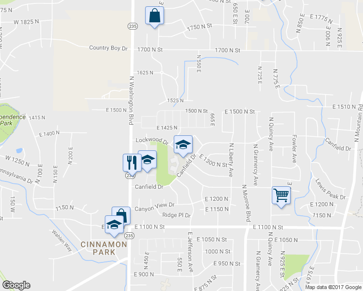map of restaurants, bars, coffee shops, grocery stores, and more near 1363 East Jefferson Avenue in Ogden