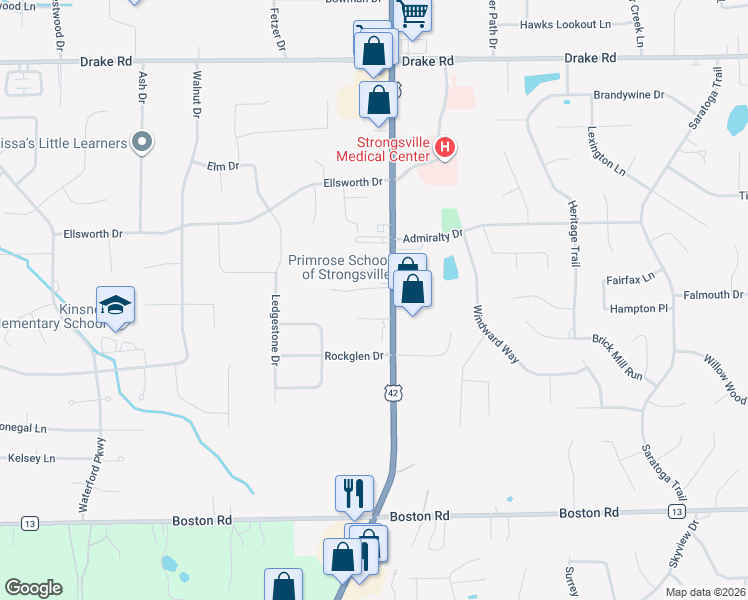 map of restaurants, bars, coffee shops, grocery stores, and more near in Strongsville