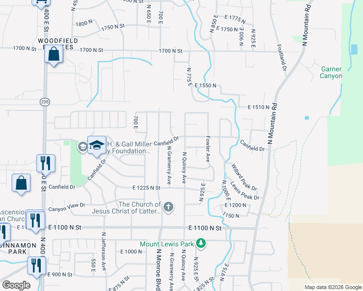 map of restaurants, bars, coffee shops, grocery stores, and more near 1397 North Quincy Avenue in Ogden