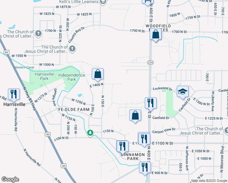 map of restaurants, bars, coffee shops, grocery stores, and more near 1368 North 200 East in Harrisville