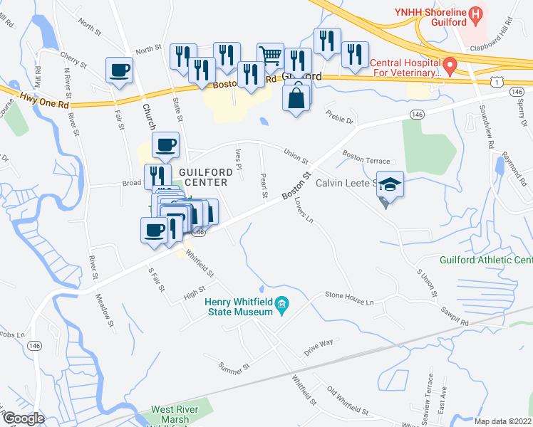 map of restaurants, bars, coffee shops, grocery stores, and more near 121 Boston Street in Guilford