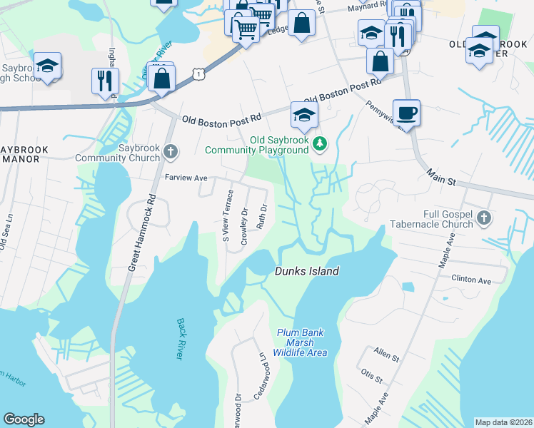 map of restaurants, bars, coffee shops, grocery stores, and more near 8 Ruth Drive in Old Saybrook