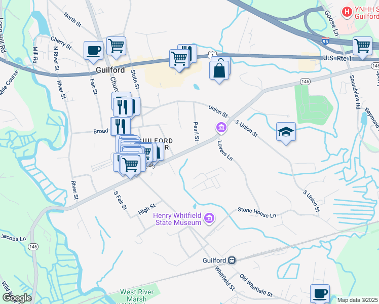 map of restaurants, bars, coffee shops, grocery stores, and more near 121 Boston Street in Guilford