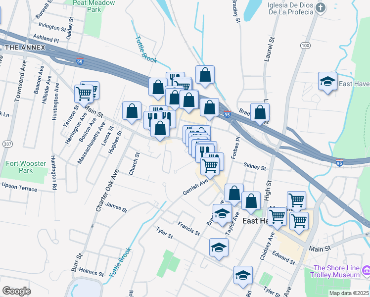 map of restaurants, bars, coffee shops, grocery stores, and more near 482 Main Street in East Haven