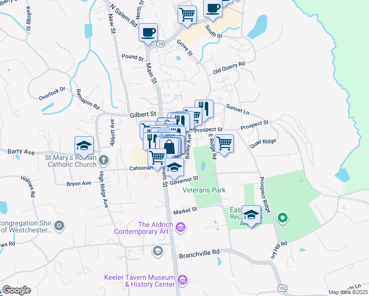 map of restaurants, bars, coffee shops, grocery stores, and more near 37 Bailey Avenue in Ridgefield