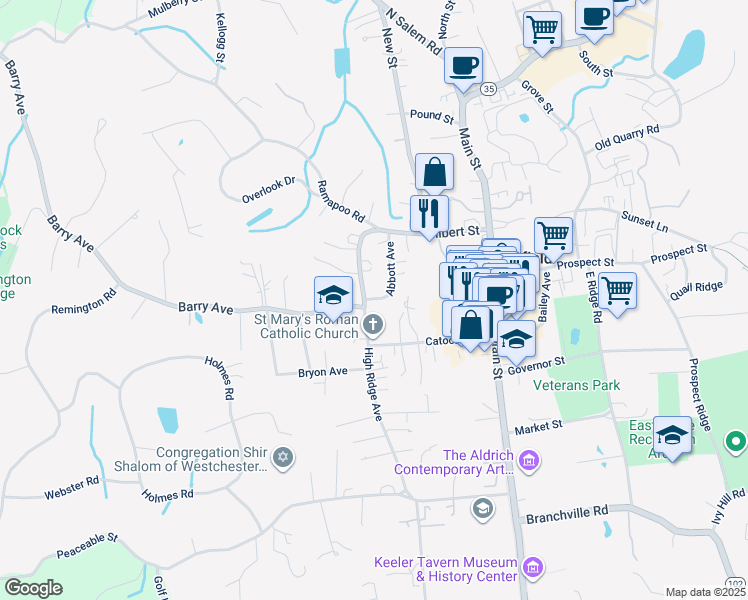 map of restaurants, bars, coffee shops, grocery stores, and more near 32 Abbott Avenue in Ridgefield