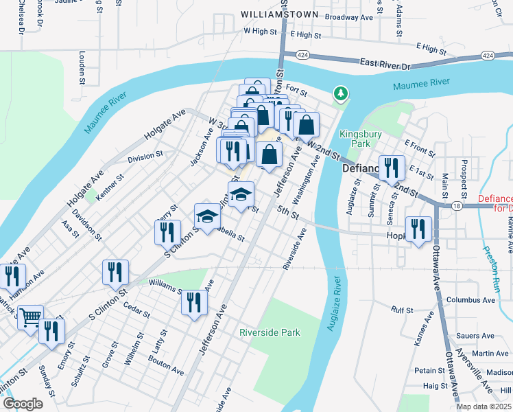 map of restaurants, bars, coffee shops, grocery stores, and more near 620 Wayne Avenue in Defiance