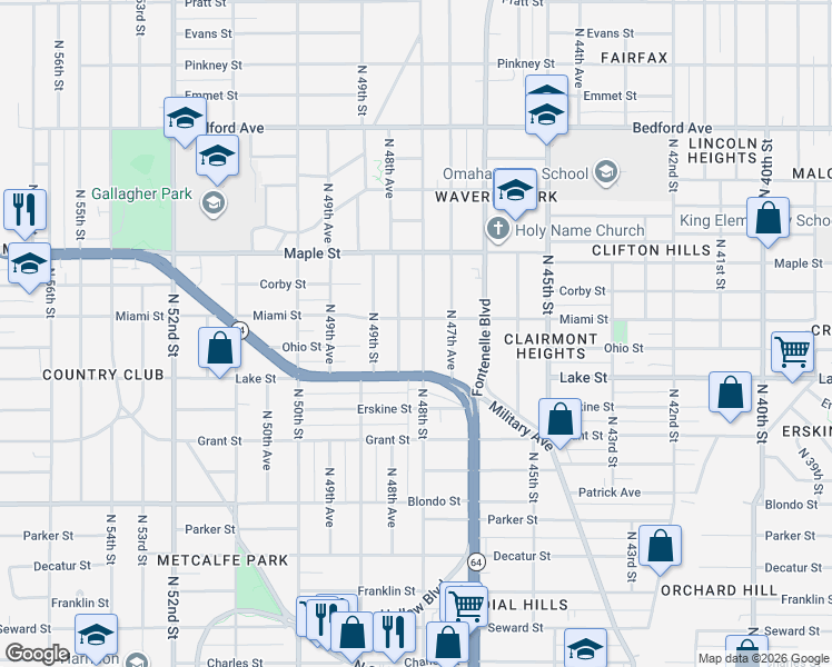 map of restaurants, bars, coffee shops, grocery stores, and more near 2541 North 48th Street in Omaha