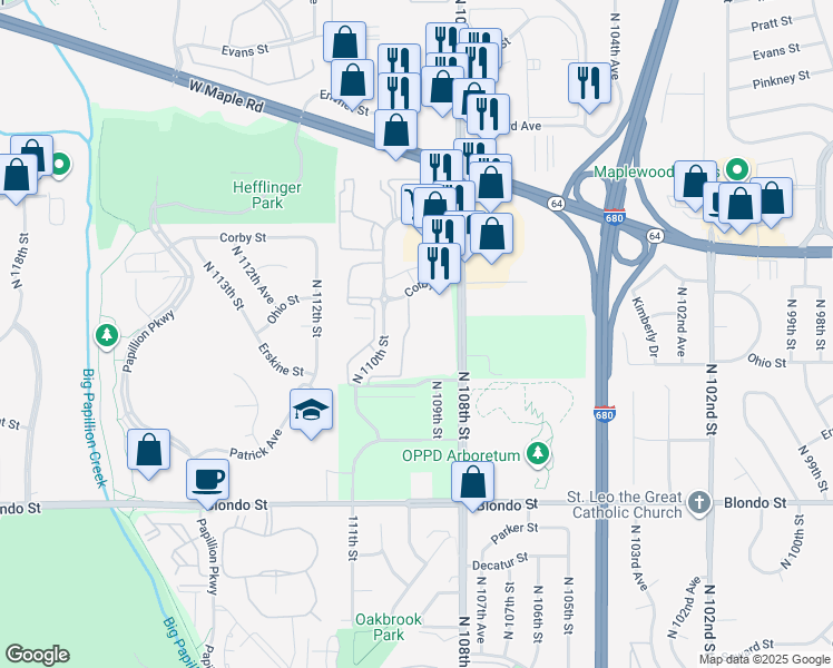 map of restaurants, bars, coffee shops, grocery stores, and more near 2618 North 109th Court in Omaha