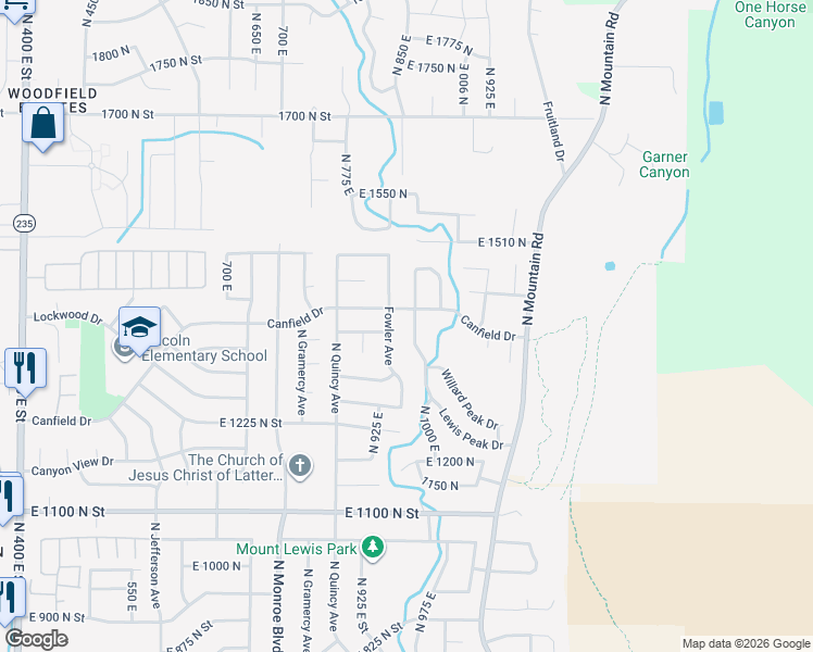 map of restaurants, bars, coffee shops, grocery stores, and more near 1369 Lewis Peak Drive in Ogden